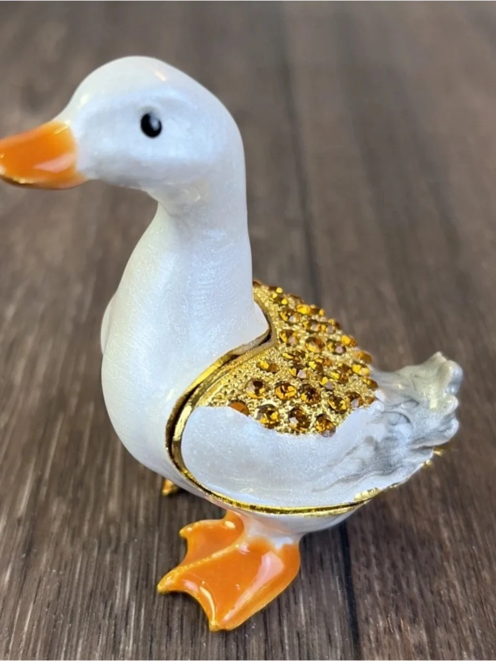 Enamel & Rhinestone Hinged White & Orange Duck Jewelry Pill Trinket Box Jeweled